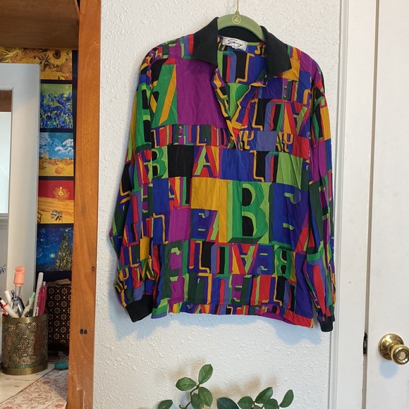 vintage 100% silk long sleeve shirt with collar in block lettering “BEAUTIFUL”